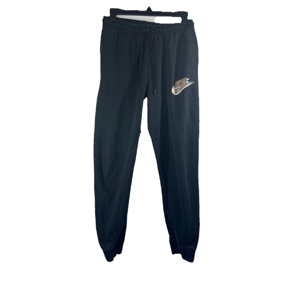 Nike Sweatpants Women Size S Black Gold Foil Logo Classic Lightweight Stretch